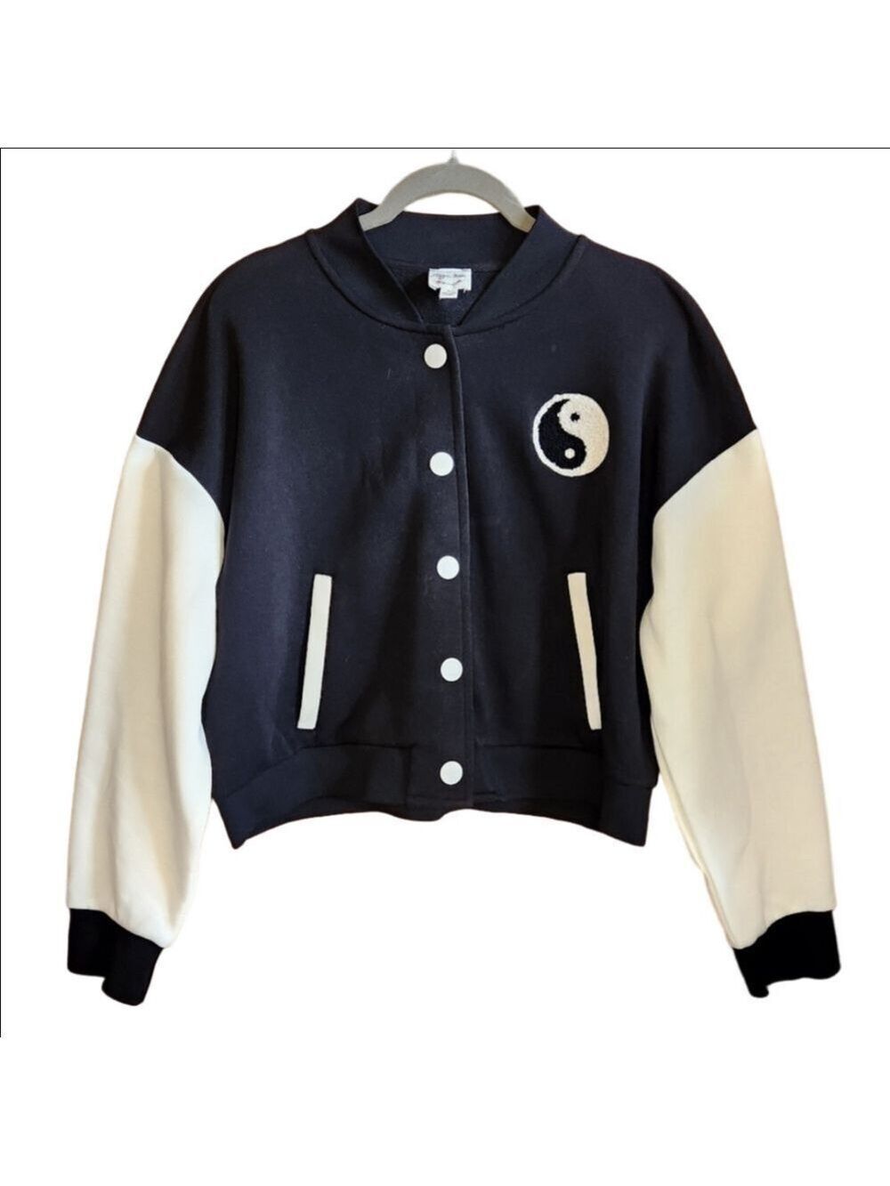 HIPPIE ROSE YIN YANG FLEECE BOMBER VARSITY STYLE JACKET COLORBLOCK LARGE EUC